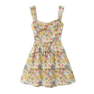 French Vintage Floral Print Halter Dress A-Line Silhouette Slimming Waist Summer Vacation Style Casual Comfortable Gown
