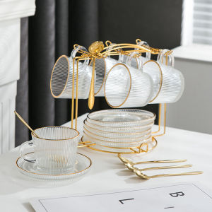 YALINJIAJU | European Style Glass Rim Coffee Cup Set Storage Rack Retro Handle