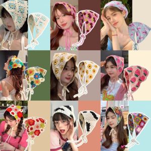 French Knitted Crocheted Hollow Triangle Scarf Turban Head Kerchief Cotton Hair Bandana Headwear Hairbands