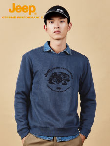 Jeep | Jeep Fleece Lined Hoodie Mens Breathable Round Neck Sportswear Long Sleeve Warm Windproof Autumn Clothing Polyester Fabric