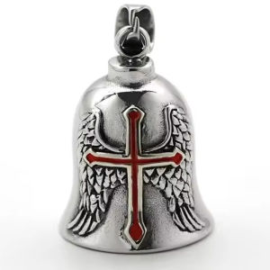 Metal Guardian Angel Bell Keychain Gothic Motorcycle Men Biker Charm Red Cross Wing Amulet Anti Evil Lucky Rider Accessory