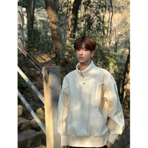Retro Japanese Style Half Zipper Hoodie Mens Autumn Winter New High-End Knitted Patchwork High Collar Overhead Jacket