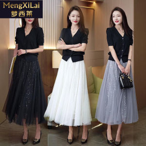 Ice Silk Top with Sequin Mesh Half Skirt Two Piece Slimming Bright Spring Autumn New Style V Neck a Line Skirt Casual Style