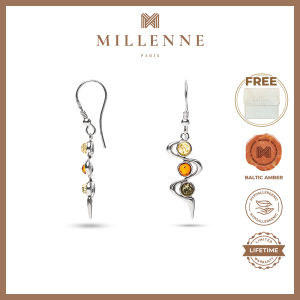 MILLENNE Multifaceted Baltic Amber Ribbon Silver Dangle Earrings with 925 Sterling Silver (MLP-01)