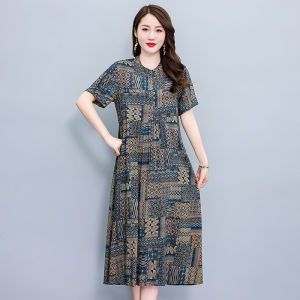2026 New High-Quality Cotton Silk Short-Sleeved Dress plus Size Womens Meat-Covering Mid-Length Chinese Style Long Dress Slimming