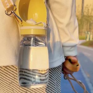 Portable Dog Water Bottle with Shoulder Strap 2 in 1 Pet Drinking Bowl for Small Large Dogs Cat Food Dispenser Yorkie Supplies