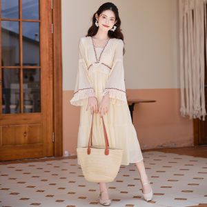 Elegant Long Skirt with Tassel Trim Belted Dress for Women Travel Photography Ethnic Style Spring Autumn Ladylike Fashion