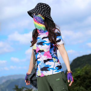 กลางแจ้ง ลายพราง Ice ผ้าไหม เสื้อยืดแห้งเร็ว ผู้หญิง แขนสั้น ยืดได้ ระบายอากาศได้ดี กีฬา วิ่ง เดินป่า แห้งเร็ว เสื้อท่อนบน ครึ่งแขน ฤดูร้อน