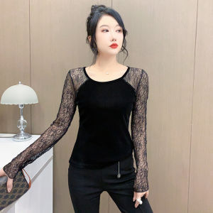 Yimei 2024 Mới Nhất Chic cổ tròn Lưới Áo sequin dài tay Độc Đáo dài tay ren dài tay áo thun màu đen Cho Phụ Nữ