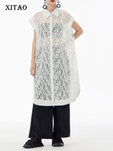 XITAO Sleeveless Lace Shirt Dress Solid Color Perspective Casual Temperament Single Breasted Dress Summer Women WLD20136