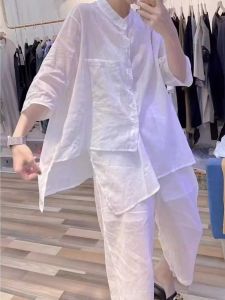 Summer Cool Western Style Cotton and Linen Suit Womens Casual White Linen Shirt Straight-leg Cropped Pants Two-piece Set