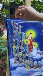 Tranh Phật Giáo - Tây Phương Tam Thánh chất liệu in gỗ tráng gương được bọc viền trang trí nhà cửa phòng thờ 04