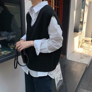 Loose Knitted Black Vest Womens Outerwear V-Neck Pullover Sweater Versatile Spring Autumn Korean Style Student Fashion