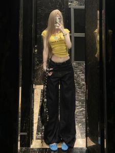 กางเกงยีนส์ทรงหลวมเอวสูงทรงตรงสีน้ำเงินเข้ม กางเกงขายาวสำหรับผู้หญิง กางเกงขายาวทรงหลวมสบายๆ สไตล์อเมริกัน