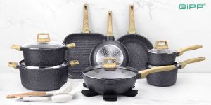 Gipp Peralatan Masak Anti Lengket Set 10PCS Wajan Penggorengan Dalam dengan Tutup Granit Abu-abu