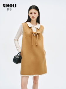 Sleeveless Wool Blend Double-Sided Cloth Dress with Bow and Scallop Decoration 26 percent wool