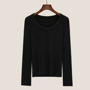 เสื้อยืดคอกลมแขนยาวทรงสลิมฟิตสำหรับผู้หญิง สีขาว ใส่ได้ทั้งในและกลางแจ้ง เสื้อผ้าทำงานสไตล์เกาหลี ฤดูใบไม้ร่วง 2025 เสื้อผ้าทำงานแบบเรียบง่าย