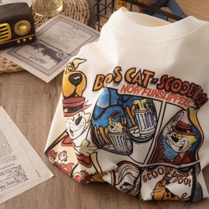 Retro Japanese ผ้าฝ้าย เสื้อยืดแขนสั้น ผู้หญิง อินเทรนด์ Brand การ์ตูน Print หลวม Half Sleeve Body Shirt ชิค Hong Kong Style ฤดูร้อน เสื้อท่อนบน