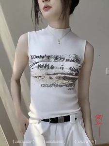 chaqi | Half-High Collar Knitted Mini Strap Vest Womens Summer Short Suit Inner Match Sleeveless Shoulder Reduction Hanging Neck Top