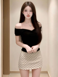 NIUVIES | Off-Shoulder Dots Print Black Skirt Set Summer