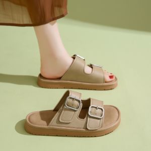 Retro Womens Birkenstock Sandals Summer New Leather Casual Outdoor Wear Flat Bottom Lightweight Beach One-Strap Cool Slippers