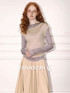 Áo Thun Cổ Tròn Phong Cách Pháp Giả Hai Mảnh Màu Tương Phản Thường Ngày Cho Nữ Mùa Thu Cổ Điển Lười Biếng Áo Thun Tay Dài