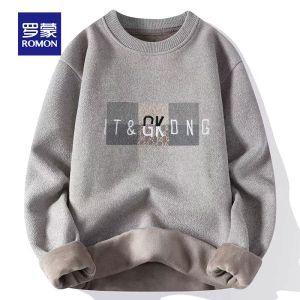 ROMON | Lormen Mens Round Neck Fleece Lined Loose Casual Knitwear Winter Fashion Thick Warm Base Layer Sweater Youth Leisure Comfortable