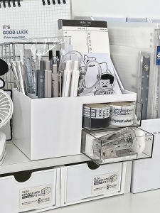 Acrylic Pen Holder Desktop Organizer Multi-Functional Office Stationery Storage Box Drawer Style Simple Design Student Desk Accessory