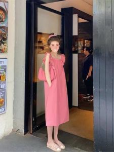 Spring Summer New Style Pure Color Korean Version Slimming Student Strap Dress Fashionable Womens All-Match Mini Dress