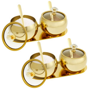 8.79oz Sugar Jar Stainless Steel Seasoning Jar with Glass Lid and Spoon Gold Spice Jar and Serving Tray Seasoning Container