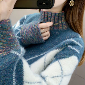 Womens Oversized Hooded Knitwear Squirrel Fur Half High Collar Long Sleeve Warm Fleece Lined Commute Style Straight Cut Base Shirt
