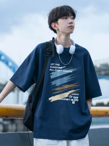 Japanese Style Navy Blue Short Sleeve T-Shirt Mens Summer Graffiti Printing Pure Cotton Heavy Weight Loose Ins Trendy Half Sleeve T-shirt