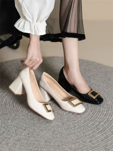Korean Style High Heels with Square Buckle Wide Fit Large Size Slip-On round Toe Womens Shoes Fashionable Single Shoes