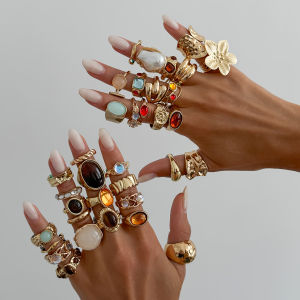 Ingemark | Ingemark 35 Pcs/Set Vintage Acrylic Imitation Pearl Open Rings for Women Bohemian Geometric Flower Adjustable Ring Wholesale