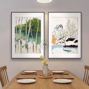 New Chinese Style Restaurant Single Decorative Painting Horizontal Banner Background Table Landscape Rural Wall Art Restaurant Wind Wall Drawing