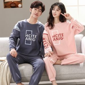 Couples Sleepwear Long Sleeve Pure Cotton Spring Autumn Lightweight Casual Two Piece Set Men Women Can Wear Outdoor Home Clothes