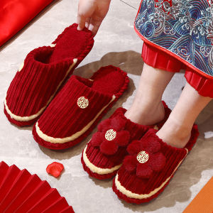 Dép Cưới Màu Đỏ Cho Cặp Đôi Lễ Cưới Mùa Thu Đông Vải Cotton Trang Trí Cưới Đầy Đủ Phụ Kiện Cưới