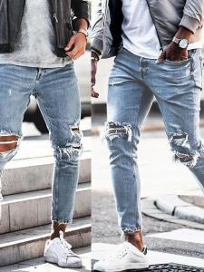 Mens Elastic Skinny Jeans 2025 American Style Torn Casual Long Pants Youth Trendy Bootcut Denim mid Waist Zipper Fly