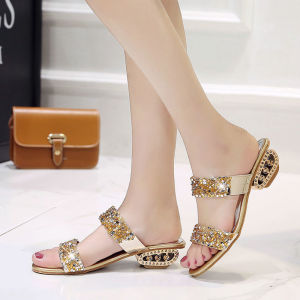 New Korean Fashion Open Toe Slip On Sandals With Heels For Women Sequin Comfortable Flat Casual Sandals On Sale (Add One Size)