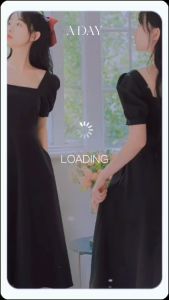 สต็อกไทย❌FF ชุดเดรสยาว คอเหลี่ยม แขนสั้นทรงตุ๊กตา ผ้าสแปนเด็กซ์ สีดำ แฟชั่น