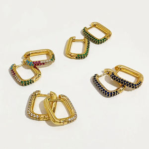 GHIDBK Gold/Silver Color U Shape Colorful CZ Stone Earrings Mixed Geometric Earrings for Women Minimalist Small Hoop Earrings