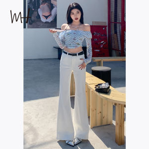 White High Waist Slimming Straight Leg Jeans Womens Spring New Style Casual Washed Pure Color Multi Pocket Vintage Wide Leg Jeans