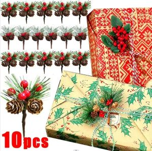 10Pcs Mini Artificial Pine Needle Simulation Christmas Snowflake Holly Berry Plant Gift Box Decoration Xmas Wedding DIY Wreath