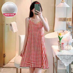 Summer Ice Silk Cool Feeling Plaid Dress Womens Nightgown Home Clothes Strap Design V-neck Mid-length Casual Sweet Style