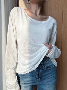Ladies Loose Fit Long Sleeve T-Shirt White Transparent Design UV Protection Thin Base Layer Top Korean Style Commute Fashion