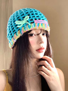 BAOYINFEI | Blue Lace Bow Cutout Knit Breathing Smaller Face Cap