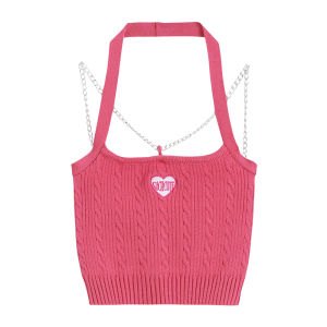 ฤดูใบไม้ผลิ ฤดูร้อน ผู้หญิง เชือกแขวนคอถัก เสื้อท่อนบน หัวใจสีชมพูเปลือย เสื้อกั๊ก ใหม่ 2024 Pure Desirable Ladies Fashion Pure Desire Style