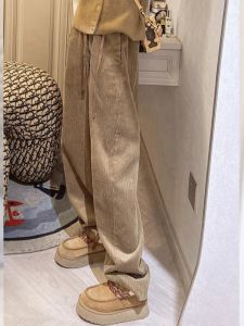 Quần Nhung Kẻ Cạp Cao Rộng Rãi Màu Kaki Cho Nữ Mùa Thu Quần Dài Thoải Mái Phong Cách Công Sở Phong Cách Hàn Quốc