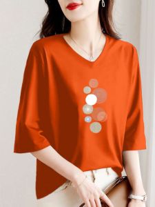 Brand Export Export Cut Label Cotton Cropped Sleeves Ladies Print T-Shirt Chicken Collar Casual Loose Slimming Tops