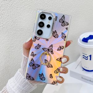 EC Case for Samsung Galaxy S23 S24 Plus S22 S23 S24 Ultra S23 FE A15 A25 A35 A55 A14 A35 A54 5G IMD Laser Luxury Cover Butterfly Shockproof Bumper Matte Back Cases with Ring Stand Holder